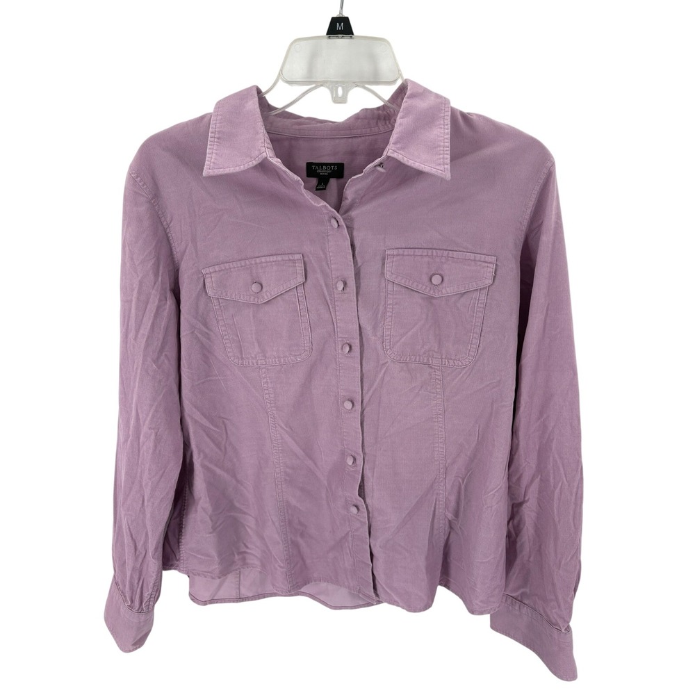 Talbots Women's Lavender Corduroy Button-Down Shirt Petite L Long Sleeve Pockets